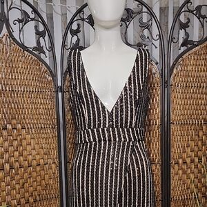 Lulu's Black and Cream Prom Dress with Striking Stripes